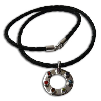 "Circle of Happiness" Chakra Ketting Zilver, Halfedelstenen en Leer 50 cm